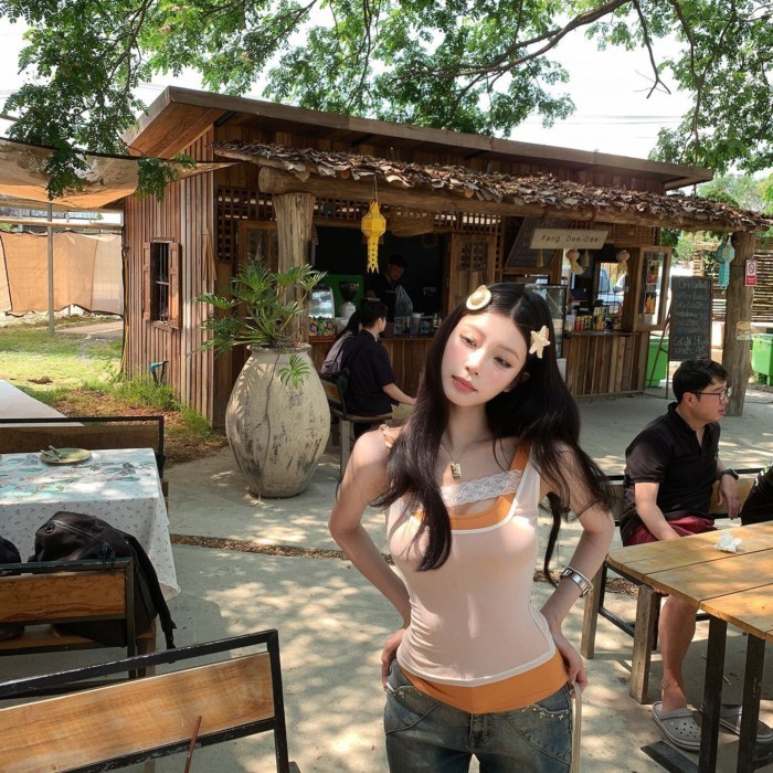 Hot Girl Style Sexy American Splicing Fake Two-piece Lace Camisole Summer Wear Slimming Top