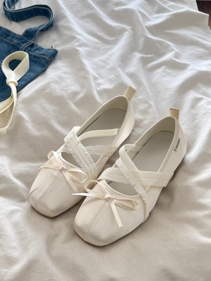Màu Xám Retro Quai Nơ Phong Cách Ballet Mary Jane Giày Nữ Đế Bằng, Miệng Dẹt Giày Đơn