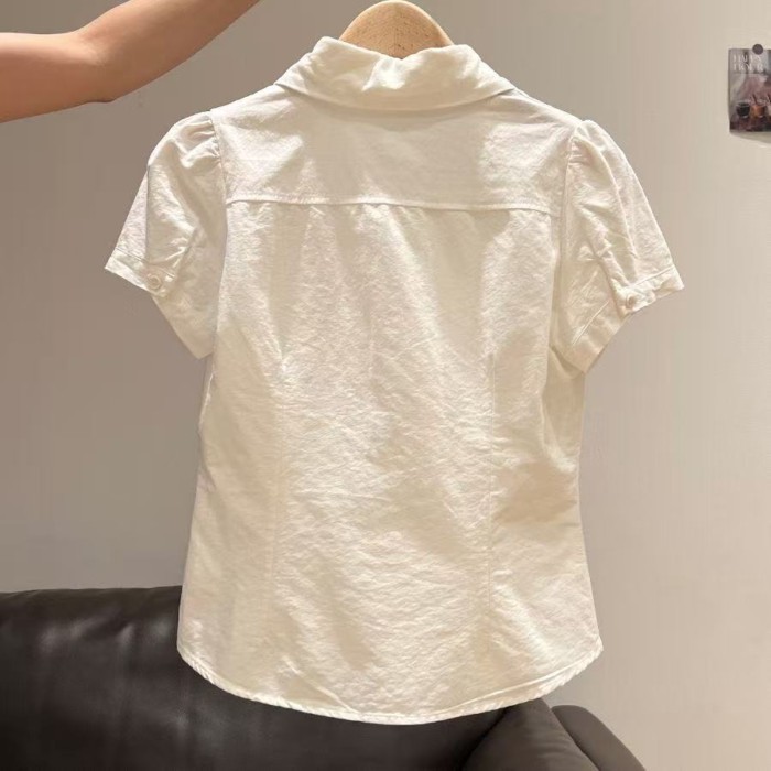 Áo sơ mi tay ngắn thiết kế thêu retro hàn quốc dành cho nữ, hốc cao cấp, áo độc và đẹp
