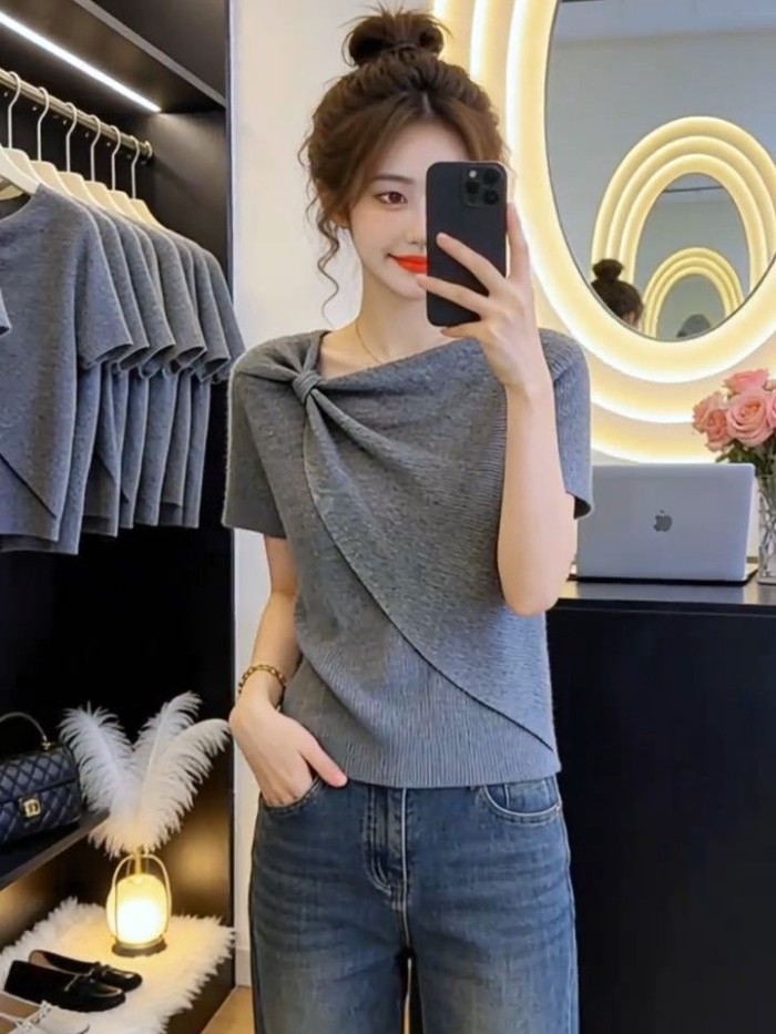 Áo thun dệt kim tay ngắn dáng rộng sang trọng thời trang mùa hè dành cho nữ