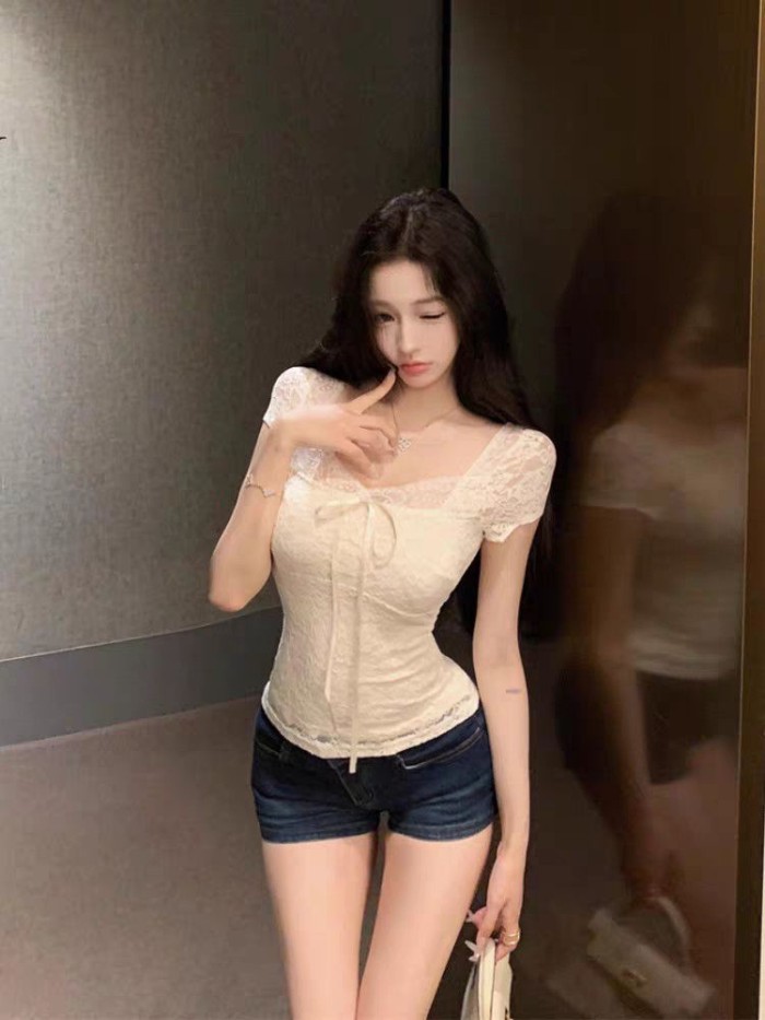 Áo thun ngắn tay kẹp eo đặc biệt đẹp dành cho nữ thiết kế mùa hè ren tinh khiết quyến rũ vòng