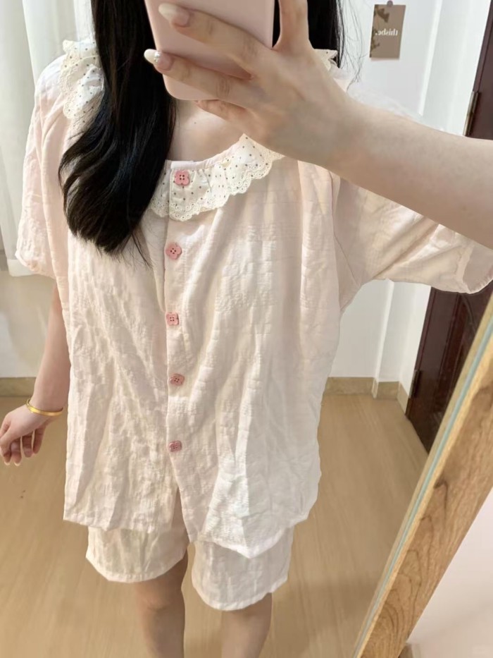 Bộ đồ ngủ ren hồng nhạt cho nữ có đệm ngực, cổ tròn, tay ngắn, bộ đồ mặc nhà nữ tính ngọt ngà
