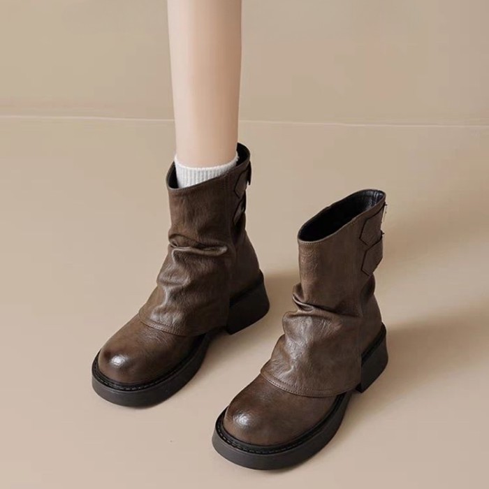 Giày Bốt Nữ Mùa Hè Mỏng Ladd Giày Bốt Ngắn Đống Giày Bốt Đơn Mới Đế Dày Màu Nâu Quần Chân Mar