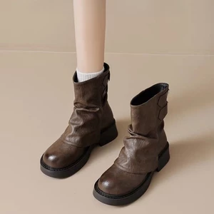 Giày Bốt Nữ Mùa Hè Mỏng Ladd Giày Bốt Ngắn Đống Giày Bốt Đơn Mới Đế Dày Màu Nâu Quần Chân Mar