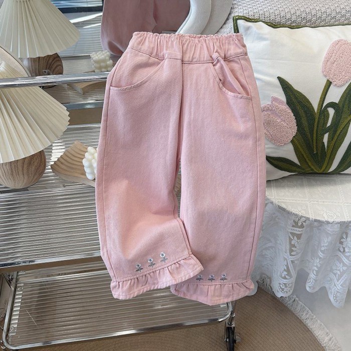 Quần cotton nguyên chất viền nấm ngọt ngào phiên bản Hàn Quốc, quần màu trơn thêu mỏng, đa nă
