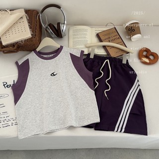 Bộ áo vest không tay mùa hè dành cho trẻ em Bộ cotton màu khối thể thao Quần áo trẻ em Bộ hai mảnh