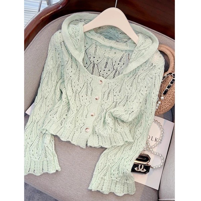 Mới ngắn phong cách có mũ trùm đầu mùa hè dài tay chống nắng mỏng rỗng dệt kim áo cardigan dệ