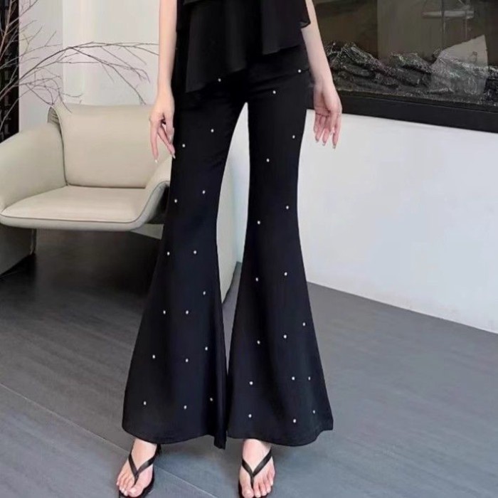 Quần tây bốt chấm bi in họa tiết cho nữ, quần cạp cao giảm béo, quần ống loe khoe chân cao