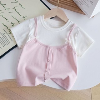 Áo thun giả hai mảnh ngắn tay chắp vá có đáy cho bé gái