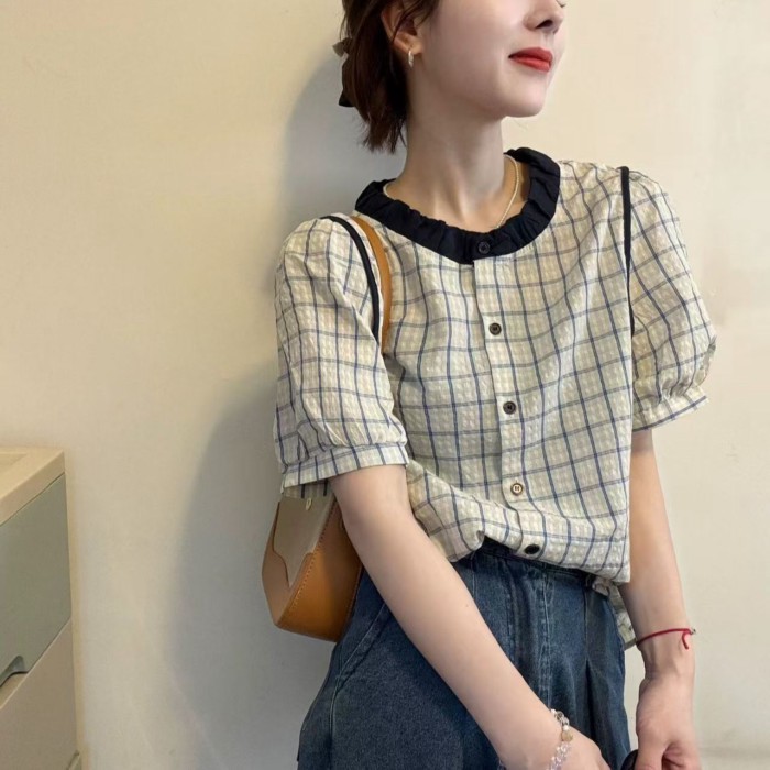 Áo sơ mi ngắn tay cổ phồng thời trang mùa hè mới dành cho nữ kiểu dáng tay phồng kẻ sọc tương ph