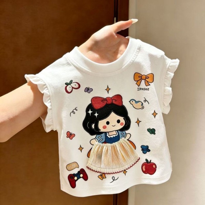 Pure Cotton Cartoon Flying Sleeve Children's T-shirt Baby Girl Short-sleeved T-shirt Girl Cute