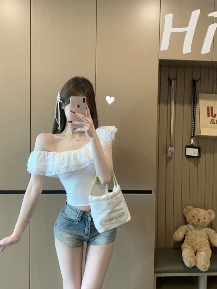 Pure Desire Hot Girl Áo thun trễ vai phối ren cho nữ mùa hè Áo ngắn trễ vai độc đáo và sang t