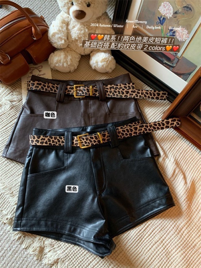 Mỹ Retro Da Báo Cổ Quần Short Da PU Nữ Xuân Thu Đi Lại Hông Chữ A Quần Hot