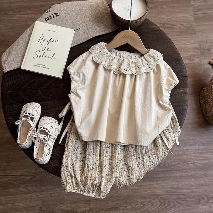 Bộ đồ hai mảnh bé gái mới, áo thun ngắn tay + quần dài hoa, bộ đồ Mori thời trang chống muỗi cho