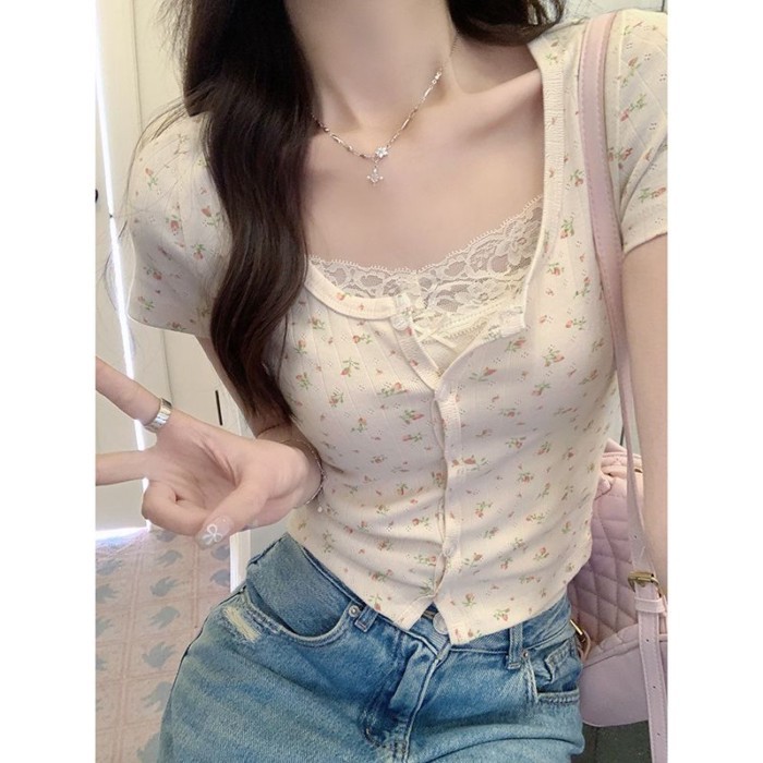 Hoa Cardigan Áo Thun Cổ Tròn Tay Ngắn Ôm Ngực Đơn Nguyên Chất Desire Nguyên Chất Cotton Top N