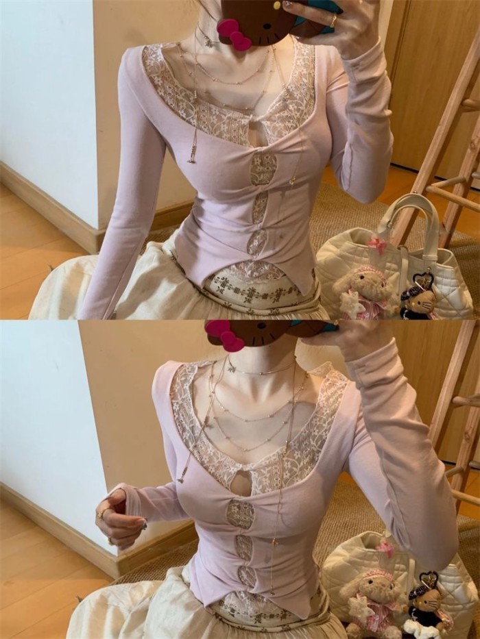 Pure Desire Slim Fit và thiết kế đa năng Áo thun dài tay giả hai mảnh màu tím khâu ren cổ chữ