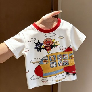 Áo thun ngắn tay anpanman cotton nguyên chất mùa hè dành cho trẻ em in hình hoạt hình màu block