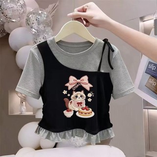 Áo thun ngắn tay giả hai mảnh cổ tròn phong cách Hàn Quốc dành cho bé gái Áo phông có đáy vừa và lớ