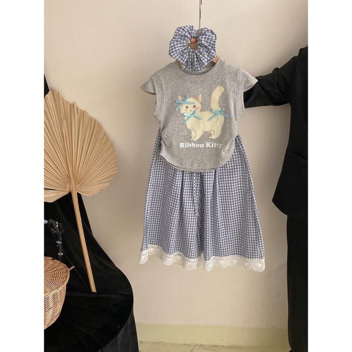 Bộ đồ quần ống rộng ren bé gái, in hình mèo kiểu mới cho trẻ em trung lớn, bộ hai mảnh thời