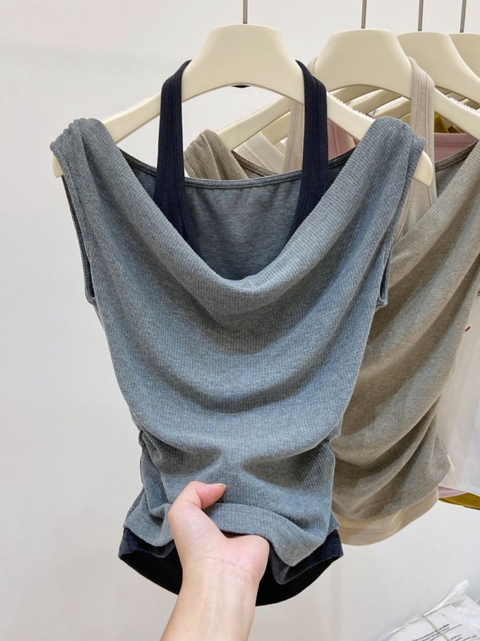 Áo khoác ngoài hai mảnh giả cổ điển kiểu Mỹ cổ yếm không tay mùa hè dành cho nữ