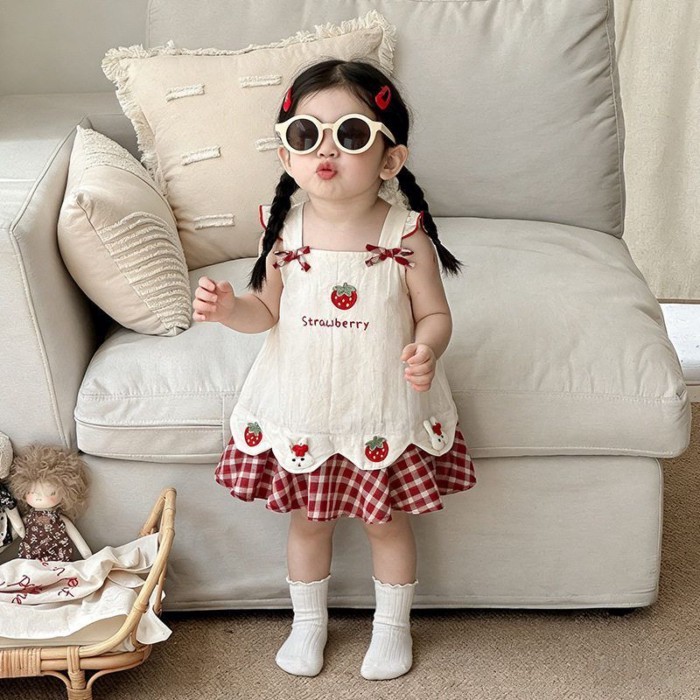 Bé Gái Dâu Suspender Đầm Mùa Hè Kẻ Sọc Nối Đầm Công Chúa Dâu Giữa Váy Không Tay Váy Cotton Ph