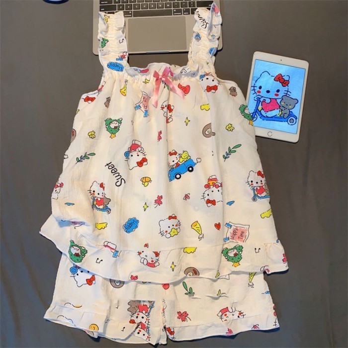 Trẻ em Hoạt Hình Dễ Thương Hello Kitty Suspender Quần Short Bộ Đồ Ngủ Mùa Hè Nữ Nhật Bản Mặc