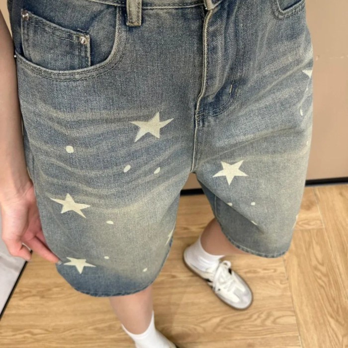 Quần short denim hình ngôi sao đau khổ theo phong cách retro Mỹ 5 điểm đường phố dành cho nữ Quầ