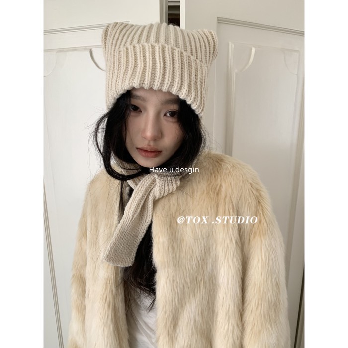 Have u desgin Đơn Giản Màu Trơn Len Dày Dệt Kim Mèo Con Dây Tai Bảo Vệ Tai Mũ Playful Tất Cả Trận Đấu Mũ