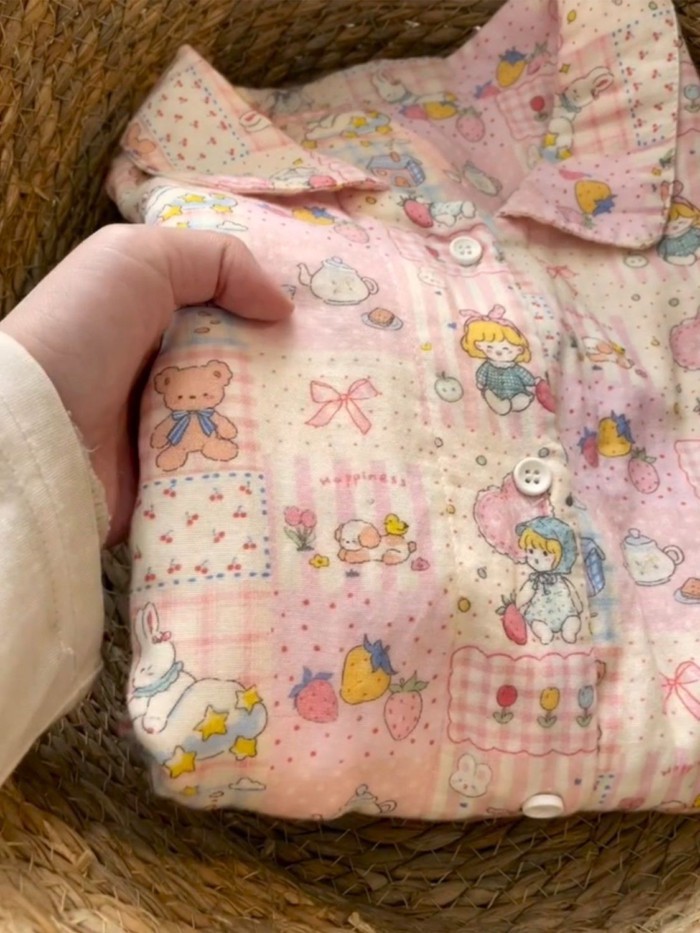 Cô Gái Dễ Thương Màu Hồng Ngọt Ngào In Hình Hoạt Hình Bộ Đồ Ngủ Cardigan Bé Gái Junior Girl P