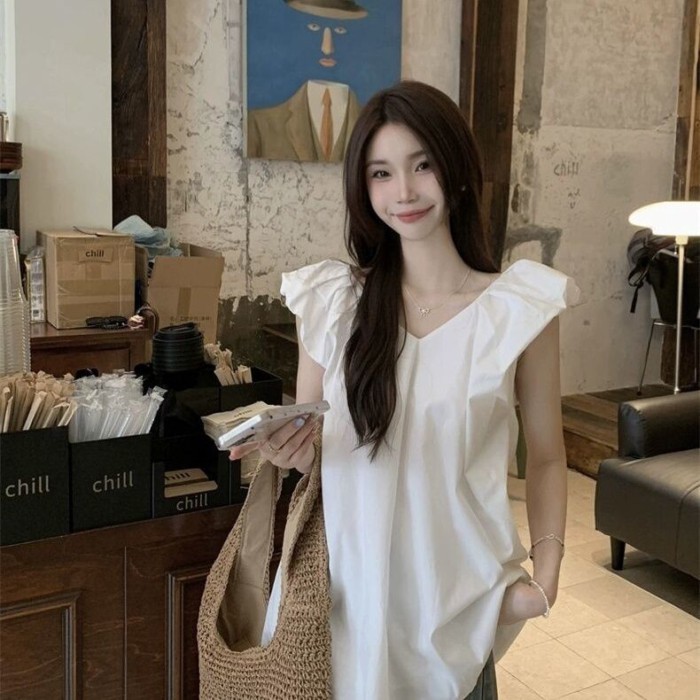 Áo sơ mi cổ chữ V dài vừa mùa hè dành cho nữ có quai ngang và áo sơ mi trắng tay bay nhỏ