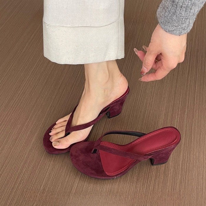 Dép xỏ ngón cao gót da mềm kiểu Pháp Giày thể thao nữ quai ngang mỏng mùa hè Dép xỏ ngón