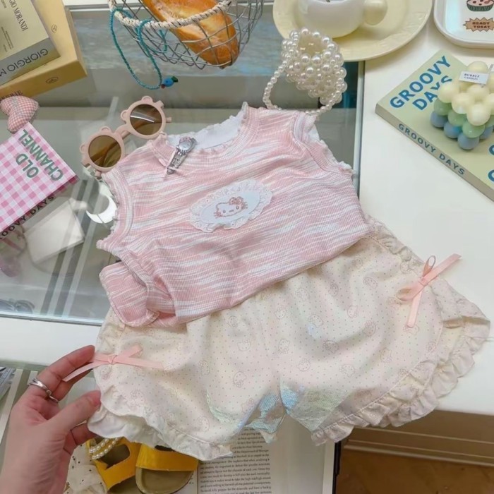 Bộ Đồ Bé Gái Mùa Hè Phong Cách Mới Cho Bé Phong Cách Áo Vest Ren Top Bộ Hai Món Trẻ Em