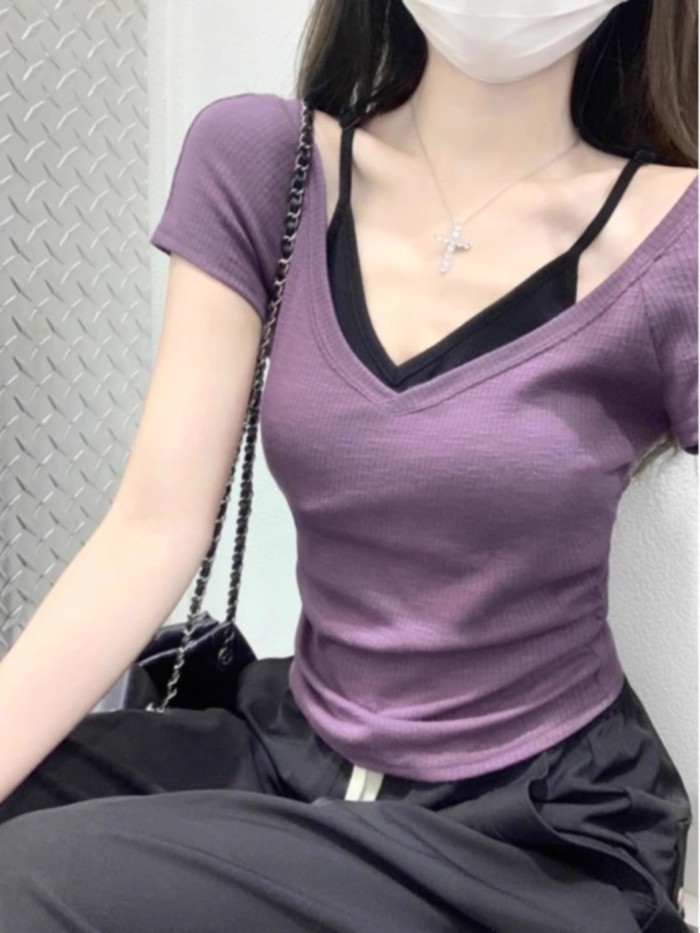 Áo thun ngắn tay hai dây giả màu tím Pháp cổ chữ V dáng ngắn cạp cao mỏng dành cho nữ trong mùa hè