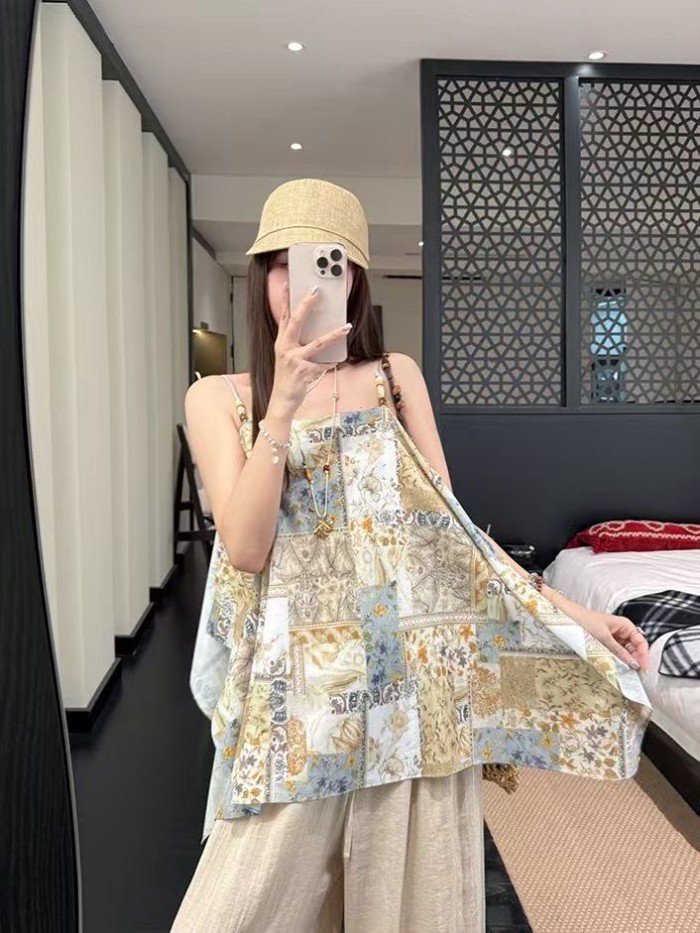 Áo dây in họa tiết kỳ nghỉ lười biếng và thoải mái dành cho nữ, thiết kế bohemian mùa hè và á