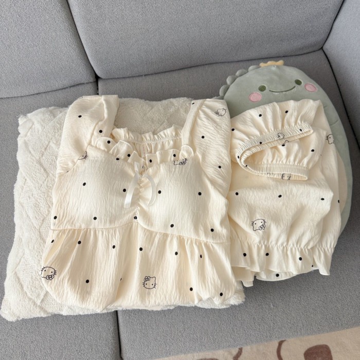 Bộ đồ ngủ mèo KT cotton mềm mại mùa hè chấm bi dành cho nữ có miếng đệm ngực, tay ngắn, phần mỏng,