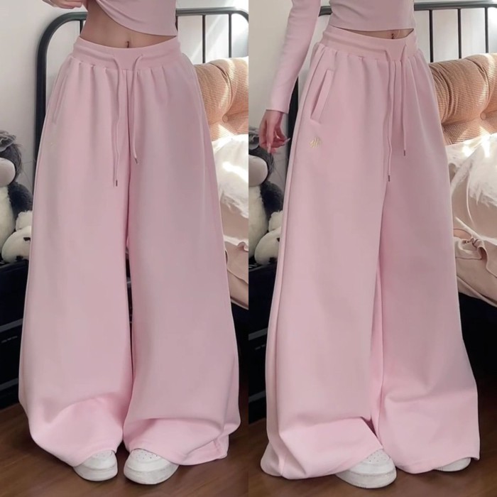 quần ống rộng lưng cao màu hồng ngọt ngào dành cho nữ có dây rút thả quần thể thao quần ống rộng