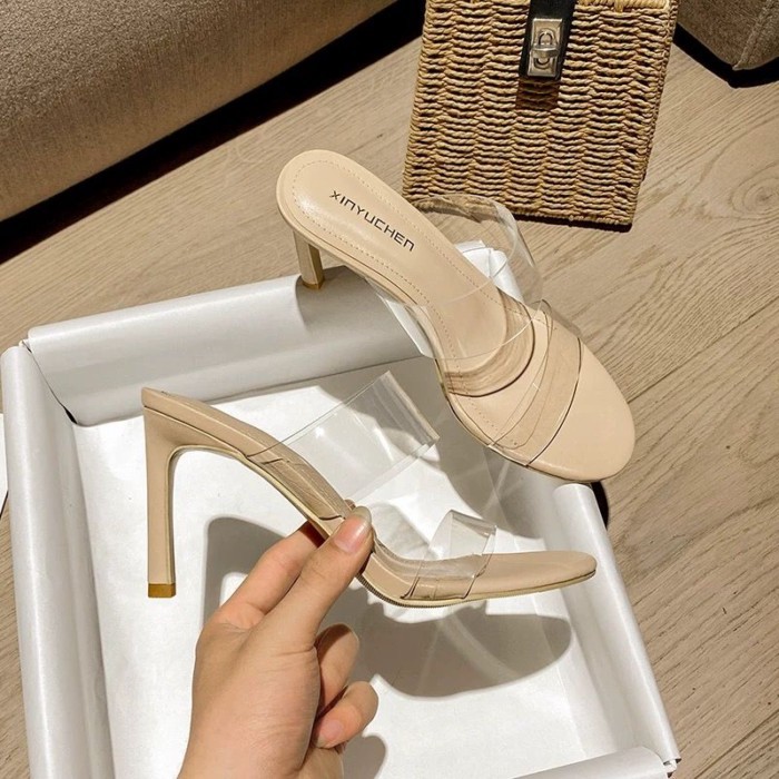 đôi sandal một quai trong suốt dành cho nữ mùa hè phong cách mới Dép cao gót hở mũi màu trắng kh