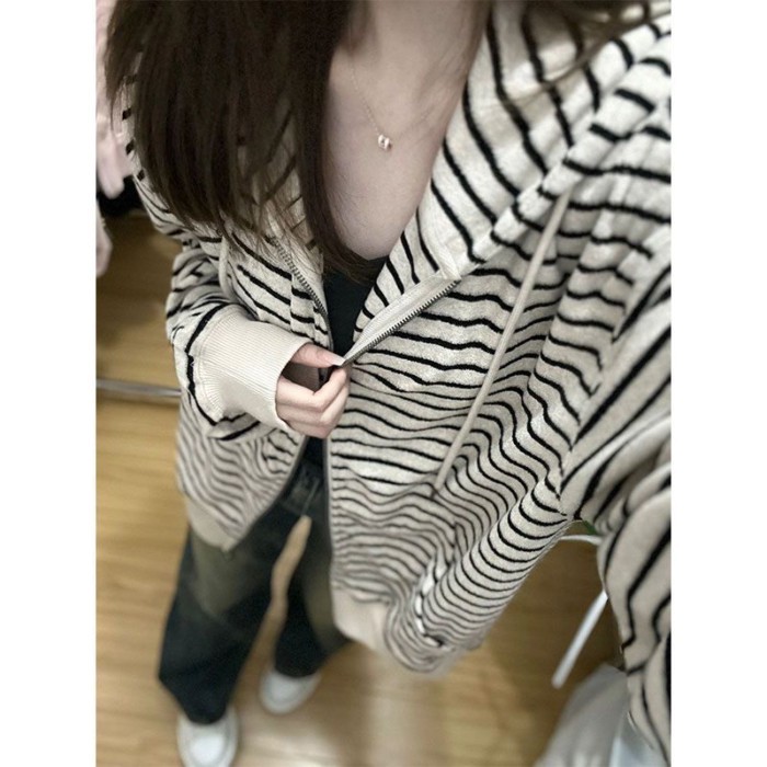 Áo khoác cardigan sọc phong cách Harajuku Hàn Quốc của phụ nữ có mũ trùm đầu thường ngày