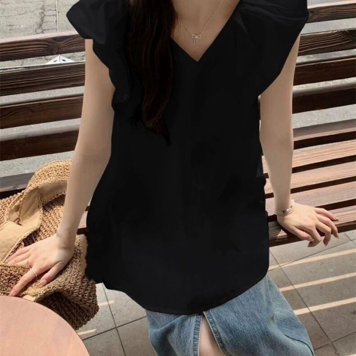 Áo sơ mi cổ chữ V dài vừa mùa hè dành cho nữ có quai ngang và áo sơ mi trắng tay bay nhỏ