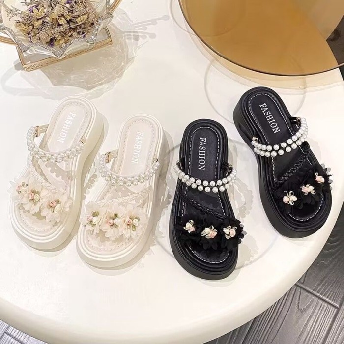 Giày sandal hai đế đế dày họa tiết hoa và váy ngọc trai cổ tích dành cho nữ