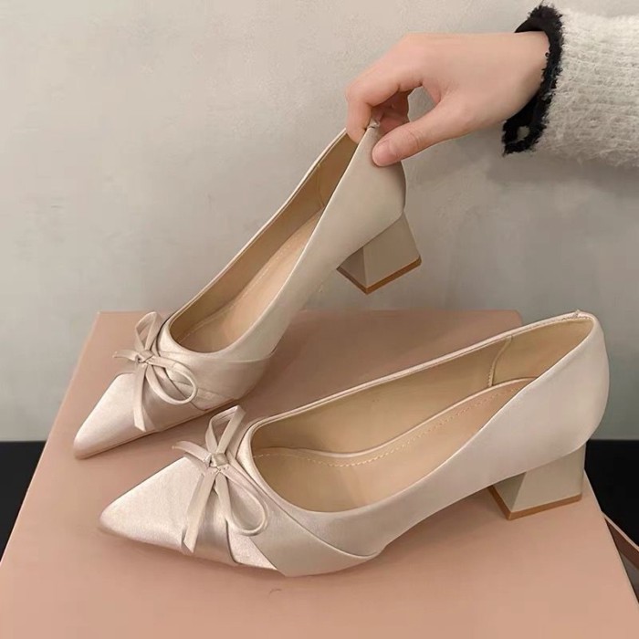 Giày Cao Gót Satin Thanh Lịch Giày Cô Dâu Bánh Mì Nướng Đầm Giày Gót Dày Giày Phù Dâu
