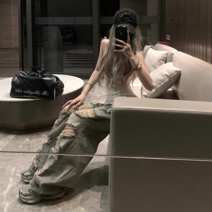 Quần denim rách cỡ lớn phong cách Mỹ quần ống rộng dạo phố