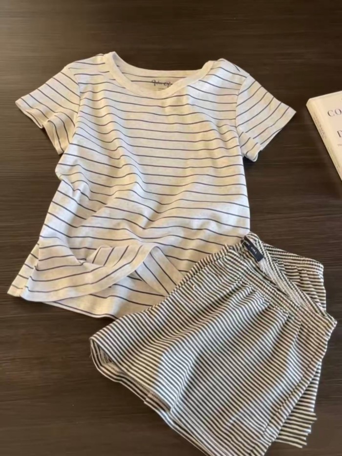 Bộ đồ ngủ sọc ngắn tay cổ tròn phong cách mới mùa hè cho nữ, bộ đồ mặc ở nhà hai món đơn giản