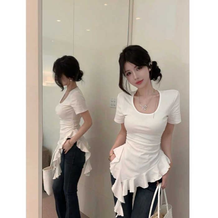 Áo thun ngắn tay nhún bèo viền không đều thiết kế kiểu Pháp, áo slim fit đa năng