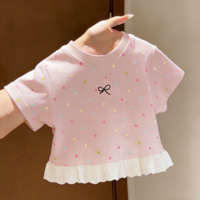 Áo thun ngắn tay cổ tròn cotton nguyên chất cho bé gái mới hàng đầu mỏng mùa hè dễ thương và đa