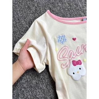 Bé gái và trẻ lớn hơn mèo kitty trễ vai treo áo thun ngắn tay dáng rộng mùa hè giảm béo lệch vai
