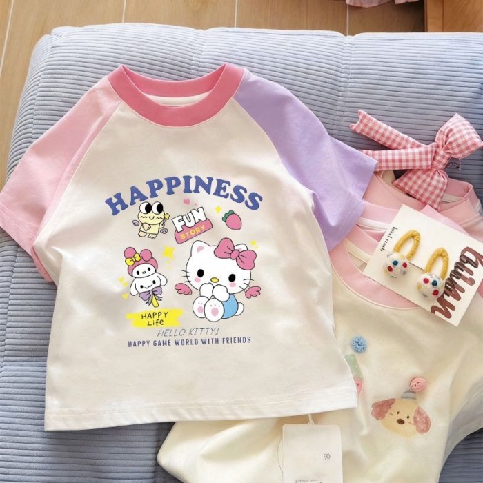 KT Cat Color Short-sleeved T-shirt For Small And Medium-sized Children, Girls And Babies, Cute