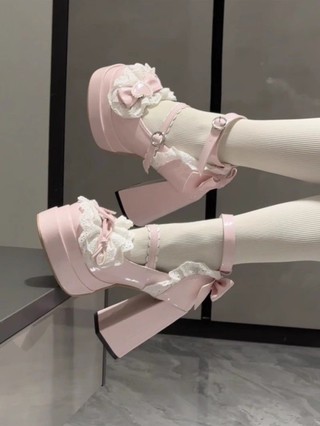 Puff Ren Gothic Giày Ngọt Nơ Ren Dễ Thương Mary Jane Phong Cách Pháp lo Giày Cao Gót