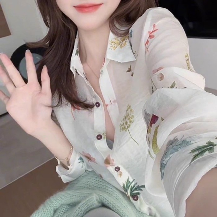 Áo sơ mi hoa độc đáo đẹp mắt áo sơ mi mỏng dài tay mùa hè nữ giảm béo khí chất