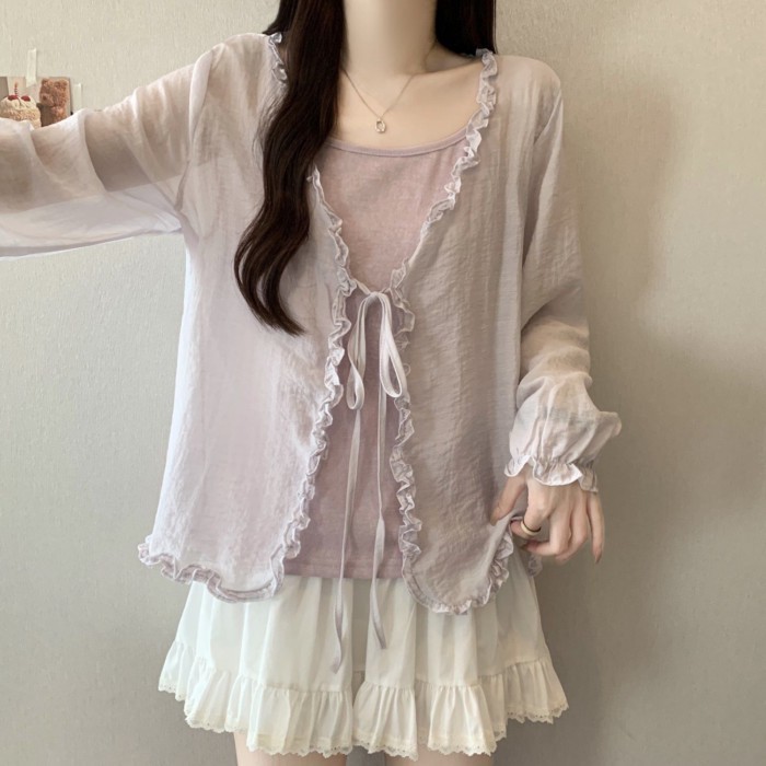 Áo cardigan dài tay chống nắng mỏng viền nấmdành cho nữ kèm khăn choàng áo mỏng